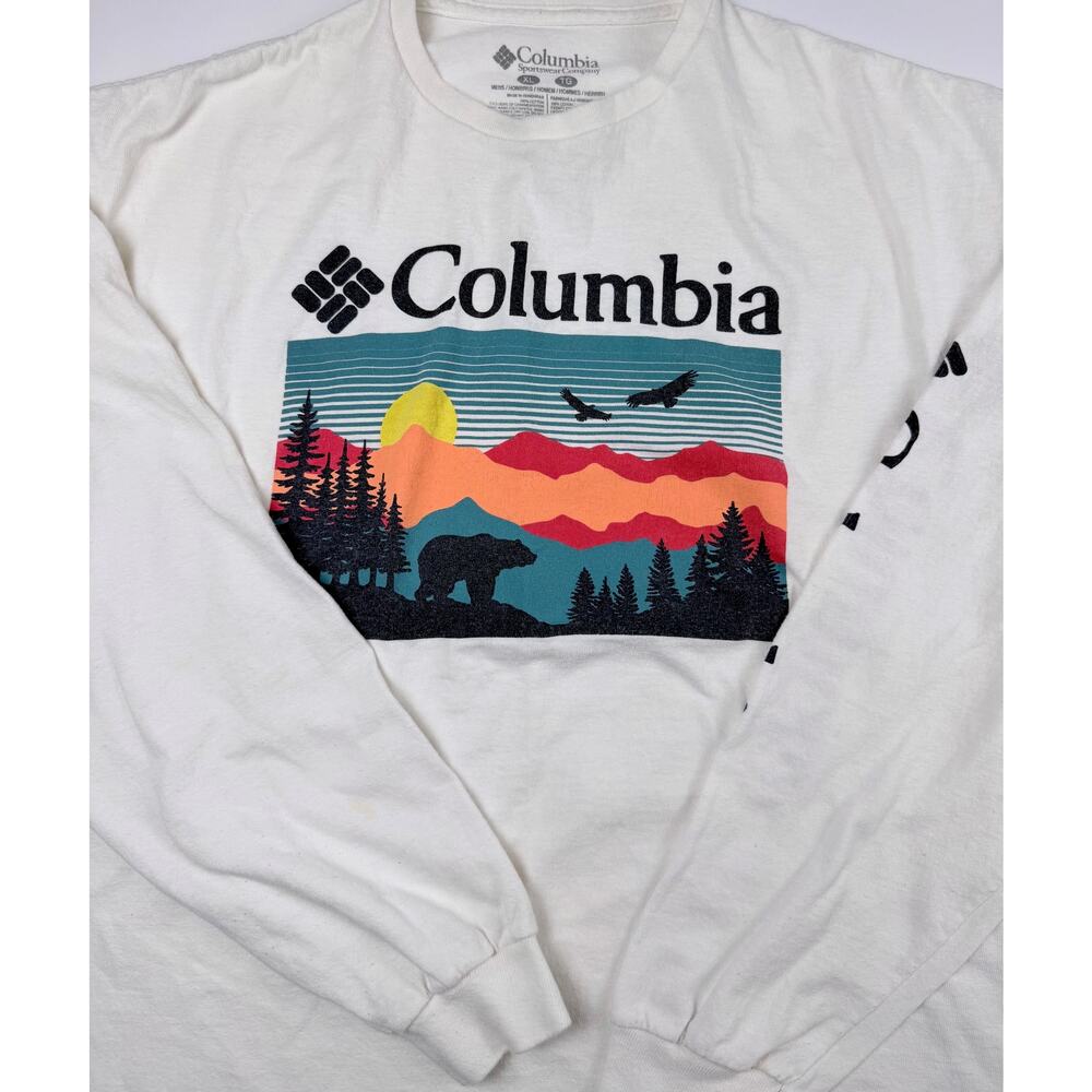 Columbia Graphic Long Sleeve T Shirt Mens XL Bear Mountain Logo White Outdoors - Picture 1 of 6